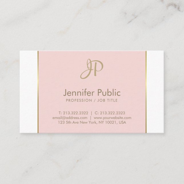 Carte De Visite Monogramme moderne Pink Or Blanc pur Plaine tendan (Devant)