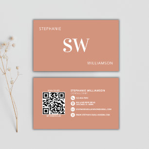 Carte De Visite Monogramme moderne QR Code Minimal Terracotta