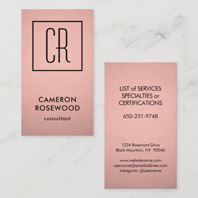 Carte De Visite Monogramme moderne Rose Gold Faux Foil Rose Vertic (Devant / Derrière)