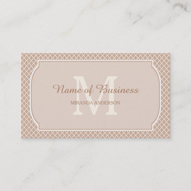 Carte De Visite Monogramme Moderne Tan Blanc Quatrefoil Avec Nom (Devant)