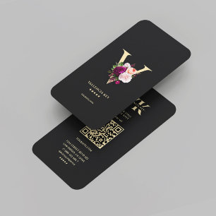Carte De Visite Monogramme moderne V Floral Black Gold