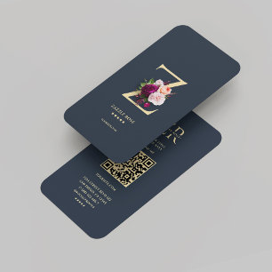 Carte De Visite Monogramme moderne Z Floral Bleu foncé Or