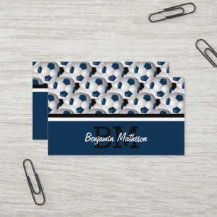 Carte De Visite Monogramme Motif de balle de soccer bleu foncé