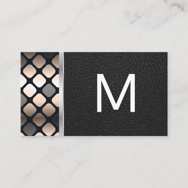 Carte De Visite Monogramme | Motif métallique foncé | Cuir noir (Devant)