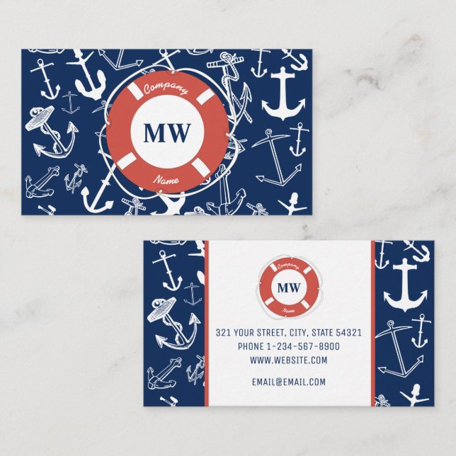 Carte De Visite Monogramme nautique Ancre bleu marine Motif (Devant / Derrière)