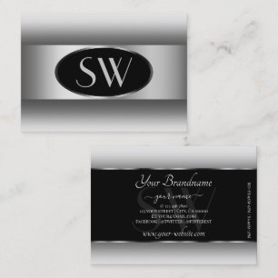 Carte De Visite Monogramme noir blanc brillant Silver Oval Frame