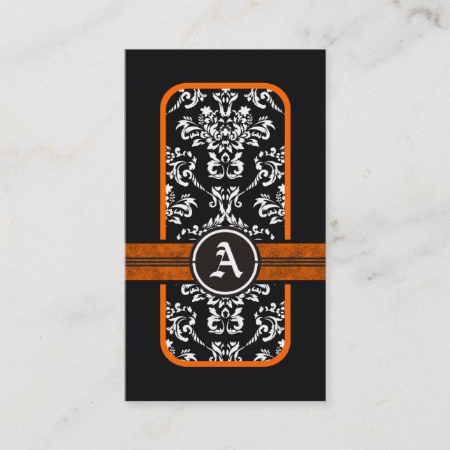 Carte De Visite monogramme noir blanc damassé orange (Devant)