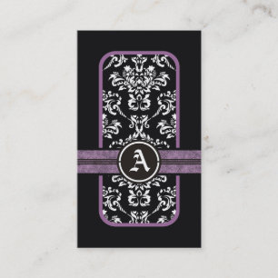 Carte De Visite monogramme noir blanc damassé violet bande