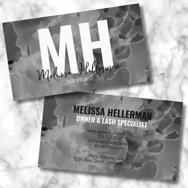 Carte De Visite Monogramme noir blanc élégant moderne (Chic Elegant Black Whit Marble Watercolor Monogram Business Card )
