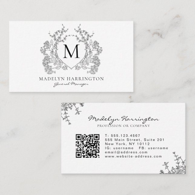 Carte De Visite Monogramme noir blanc floral classique Crest Code  (Devant / Derrière)