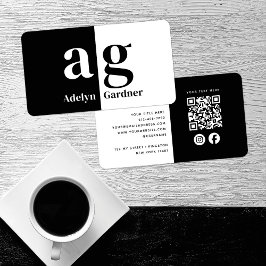 Carte De Visite Monogramme noir blanc minimum QR Code médias socia