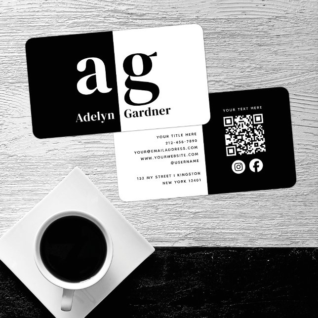 Carte De Visite Monogramme noir blanc minimum QR Code médias socia (Créateur téléchargé)