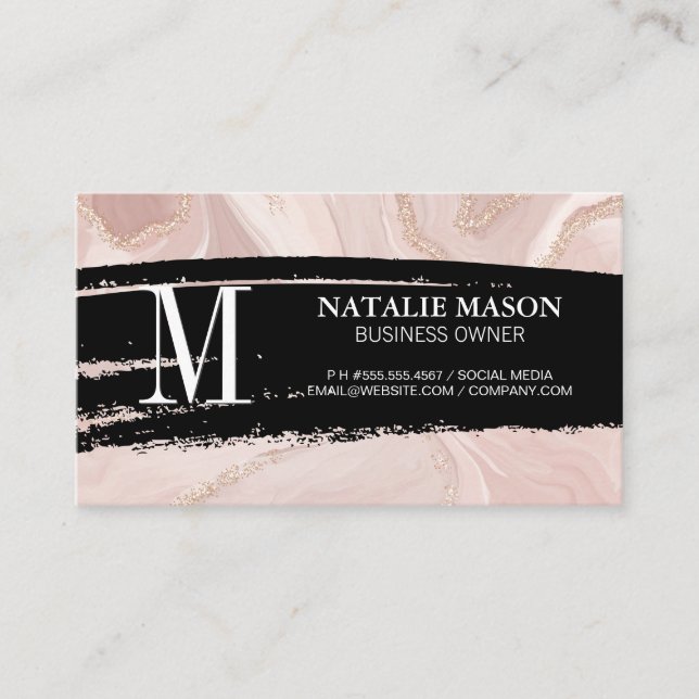 Carte De Visite Monogramme noir brossé | Marbre rose Gold Flake (Devant)
