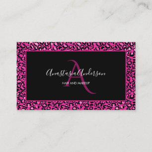 Carte De Visite Monogramme noir chic, taches de léopard roses cha
