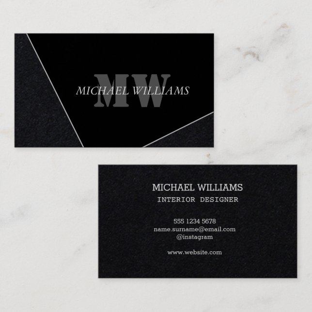 Carte De Visite Monogramme noir gris artistique moderne (Devant / Derrière)