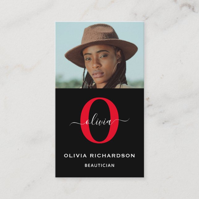 Carte De Visite Monogramme Nom du script Noir Blanc Rouge Job Vert (Devant)