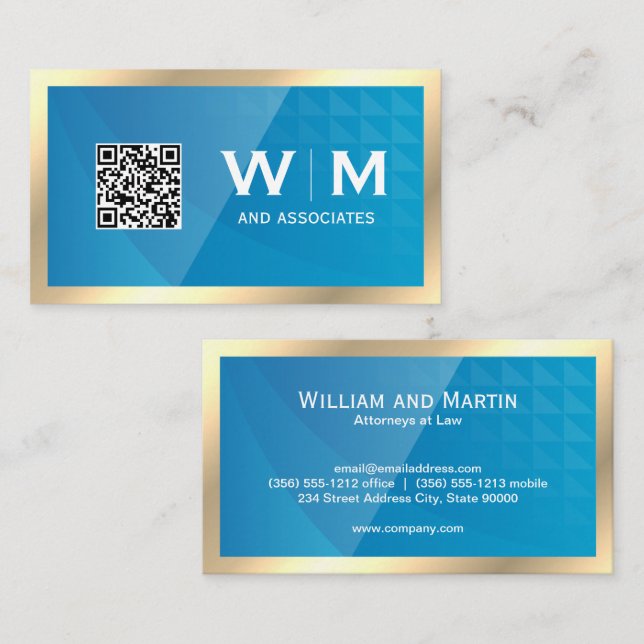 Carte De Visite Monogramme or | Code QR | Géométrique bleue (Devant / Derrière)