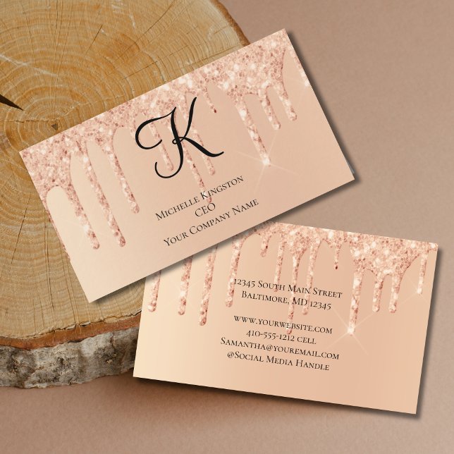 Carte De Visite Monogramme Parties scintillant à goutte à goutte G (Monogram Peach Dripping Glitter Feminine Glam Trendy Business Cards.)