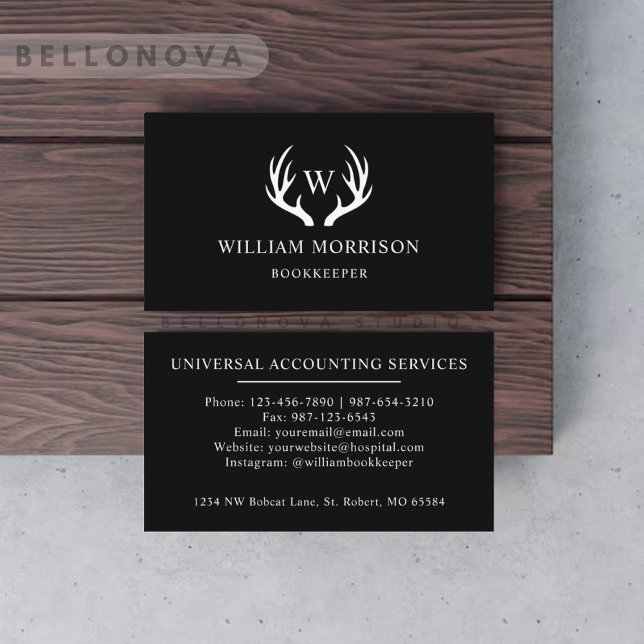 Carte De Visite Monogramme personnalisé Antler Cerf Noir Et Blanc (Custom Black And White Deer Antler Monogrammed Business Card)