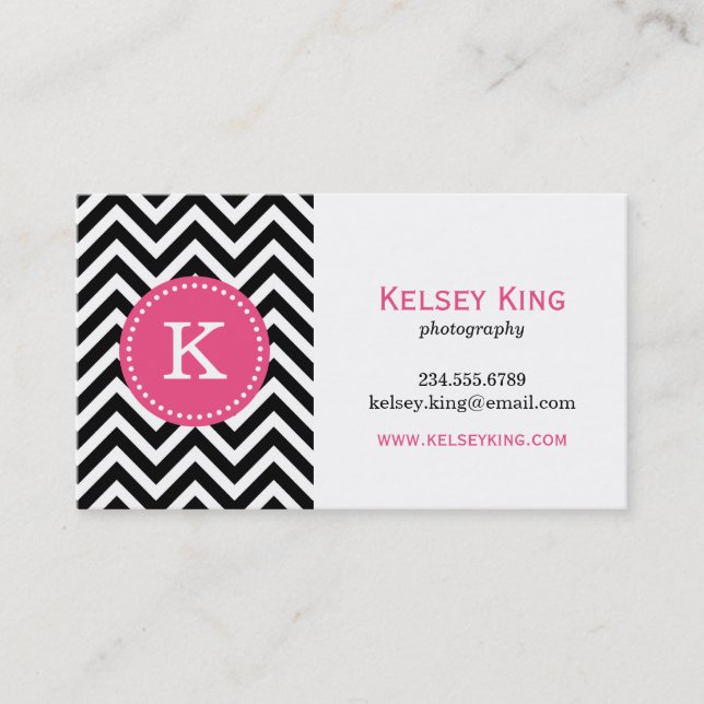 Carte De Visite Monogramme personnalisé Black & Hot Pink (Devant)