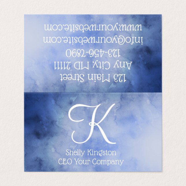 Carte De Visite Monogramme Personnalisé Bleu et Blanc (Extérieur déplié)