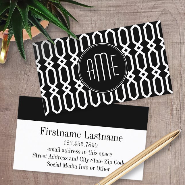 Carte De Visite Monogramme personnalisé de Motif géométrique noir  (Custom Printed Business Cards)