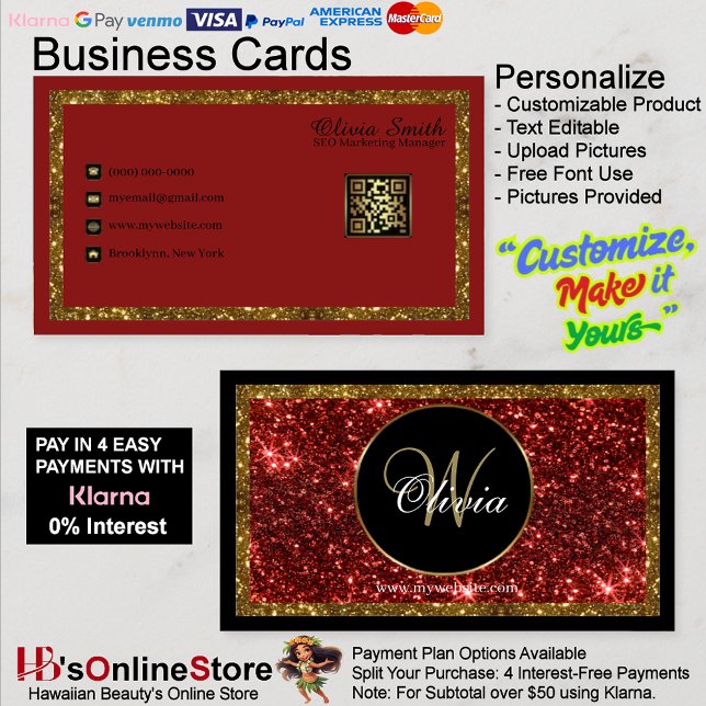 Carte De Visite Monogramme personnalisé Parties scintillant or rou (Personalized Monogram Red Gold Glitter QR Code Business Card 21.)
