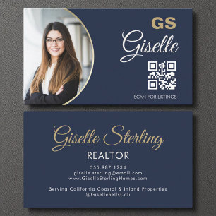 Carte De Visite Monogramme photo bleu marine Realtor QR Code