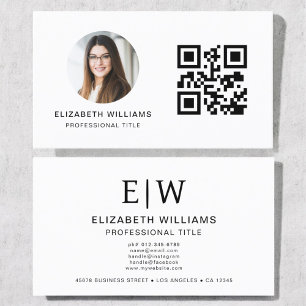 Carte De Visite Monogramme photo de code QR blanc minimaliste