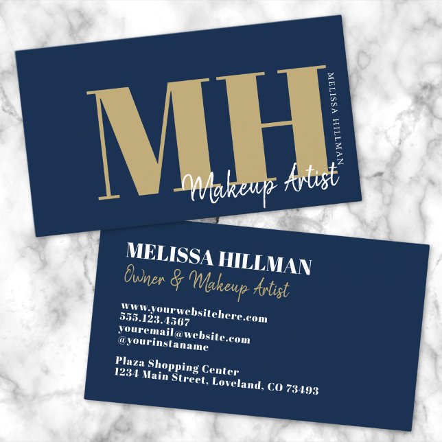 Carte De Visite Monogramme professionnel bleu marine simple (Simple Modern Navy Blue Gold Professional Monogram Business Card)