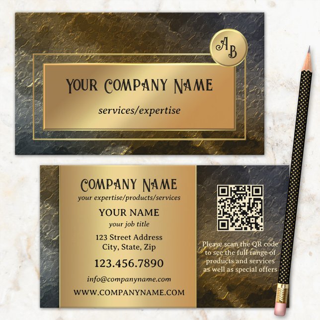 Carte De Visite Monogramme professionnel Gold Metallic QR (Créateur téléchargé)