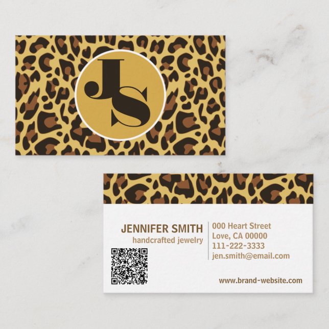 Carte De Visite Monogramme QR Code Empreinte de léopard Rockabilly (Devant / Derrière)