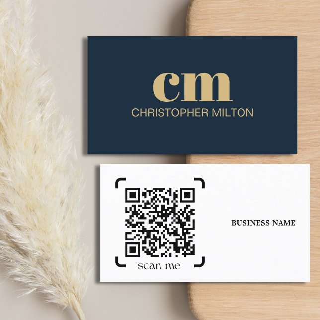 Carte De Visite Monogramme QR code gras moderne Consultant Bleu Ma (Créateur téléchargé)