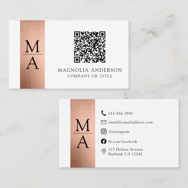 Carte De Visite Monogramme QR Code Rose Gold Foil (Devant / Derrière)