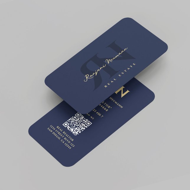 Carte De Visite Monogramme R N Bleu foncé Immobilier (Modern Realtor Monogram R N Dark Blue Real Estate Marketing Professional QR Code Business Card
)