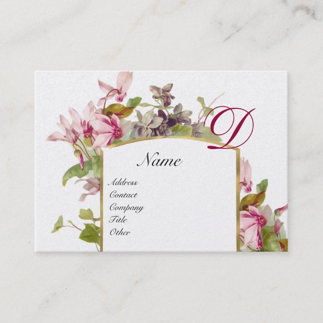 Carte De Visite MONOGRAMME ROMANTIQUE, Cyclamens platine vert rose (Devant)