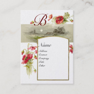 Carte De Visite MONOGRAMME ROMANTIQUE, POPIES vert rouge perle bla