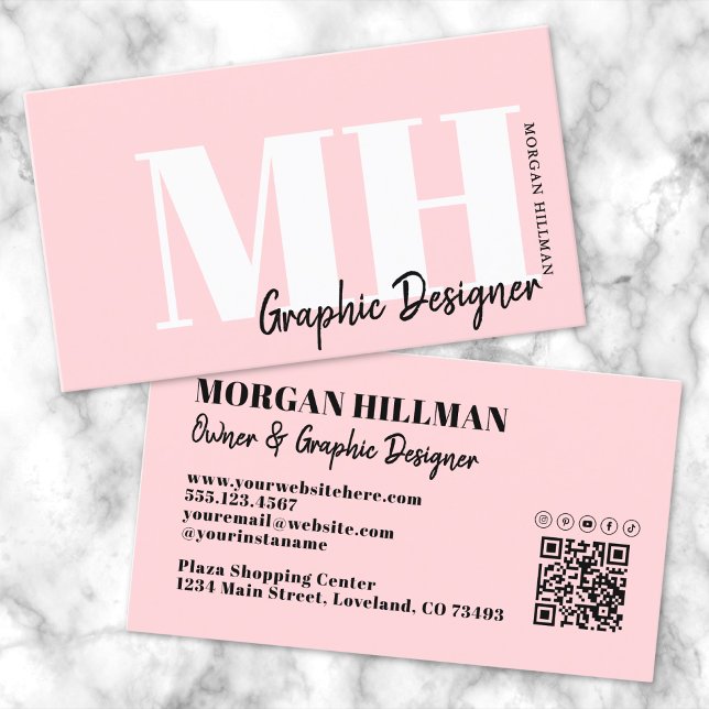 Carte De Visite Monogramme Rose Clair Simple et Élégant (Professional Simple Blush Pink Monogram Business Card)