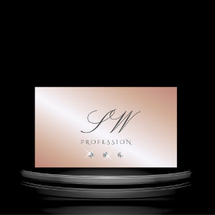 Carte De Visite Monogramme Rose de luxe en argent étincelant diama