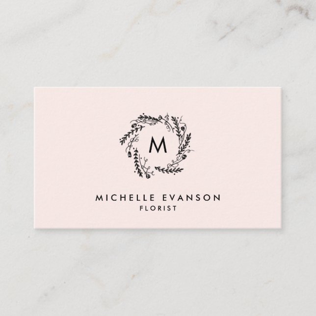 Carte De Visite Monogramme Rose et noir Floral Wreath (Devant)