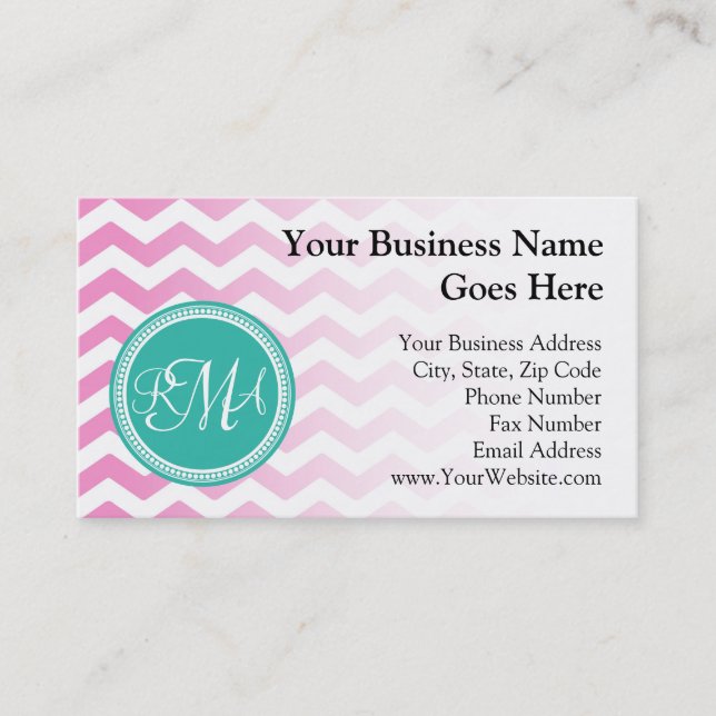 Carte De Visite Monogramme rose et Turquoise Chevron personnalisé (Devant)