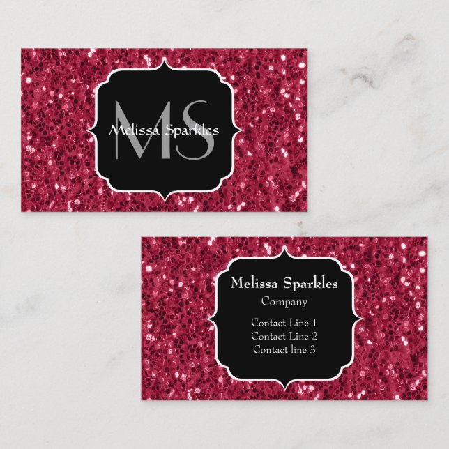 Carte De Visite Monogramme rose foncé magenta faux scintillants (Devant / Derrière)