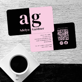 Carte De Visite Monogramme rose noir minimum QR Code médias sociau