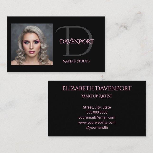 Carte De Visite Monogramme Rose Pâle et Noir (Devant / Derrière)
