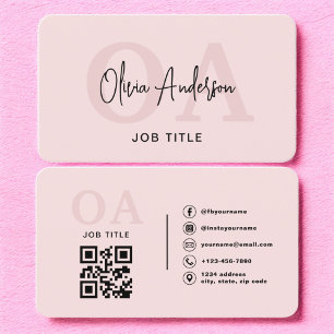 Carte De Visite Monogramme rose rose QR Code moderne minimaliste