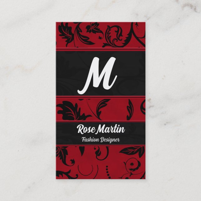 Carte De Visite Monogramme rouge et noir Tourbillonnant Damas (Devant)
