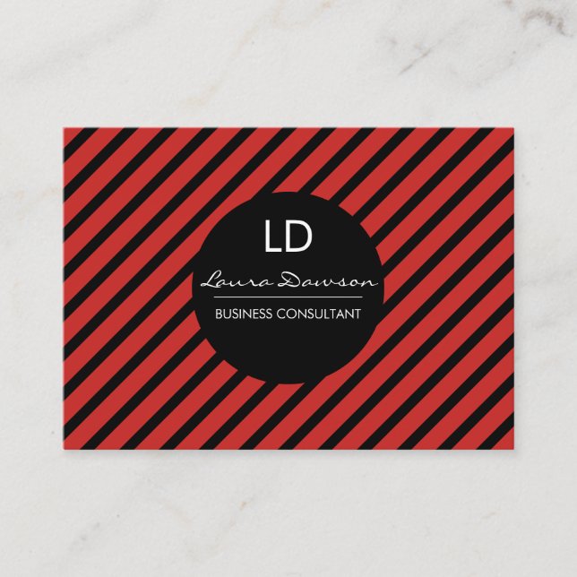 Carte De Visite Monogramme rouge lisse Cercle et rayures (Devant)