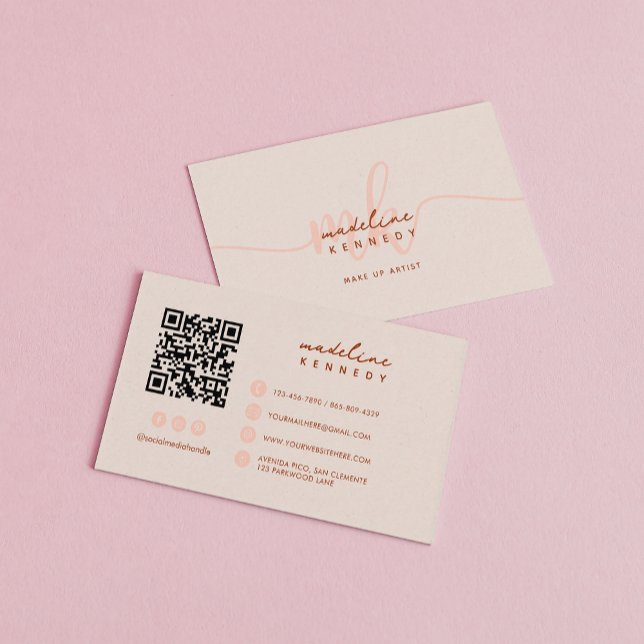 Carte De Visite Monogramme Script Boho Beige QR Code (Créateur téléchargé)