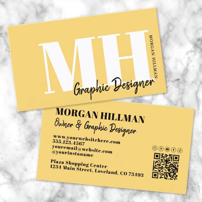 Carte De Visite Monogramme simple code QR jaune (Yellow QR Code Simple Monogram Business Card)