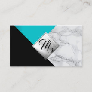 Carte De Visite Monogramme Teal abstrait, noir et marbre